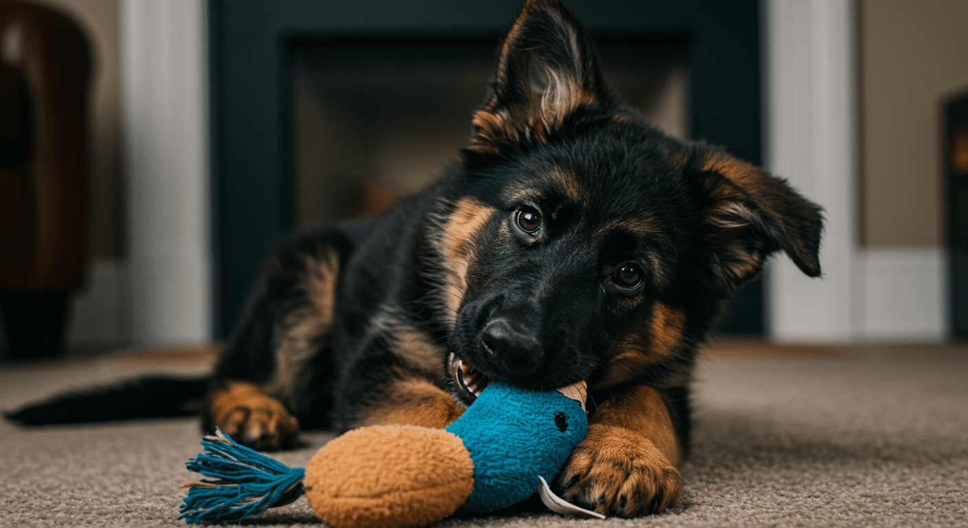 a german shepherd puppy chewing on a blue toy