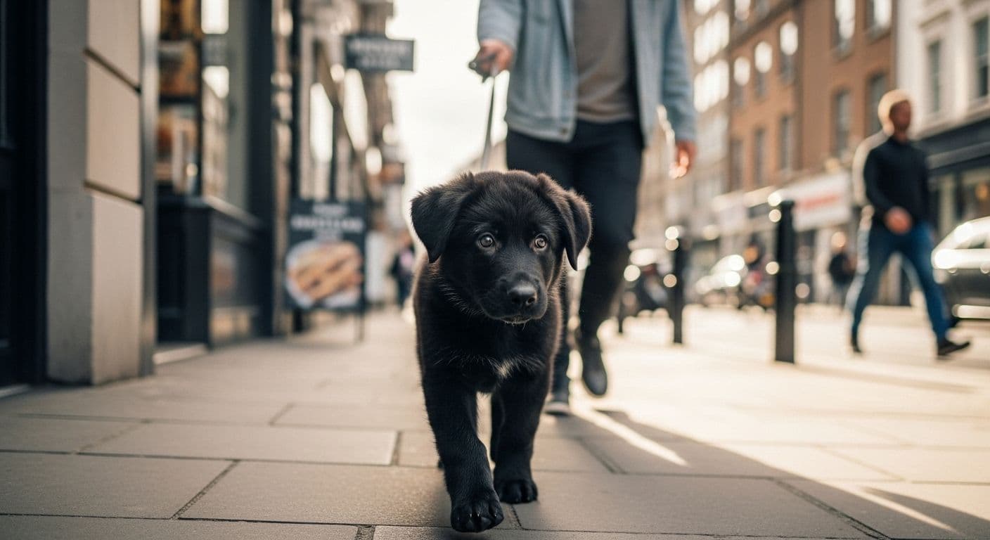 Black German Shepherd puppy walking on city sidewalk.
