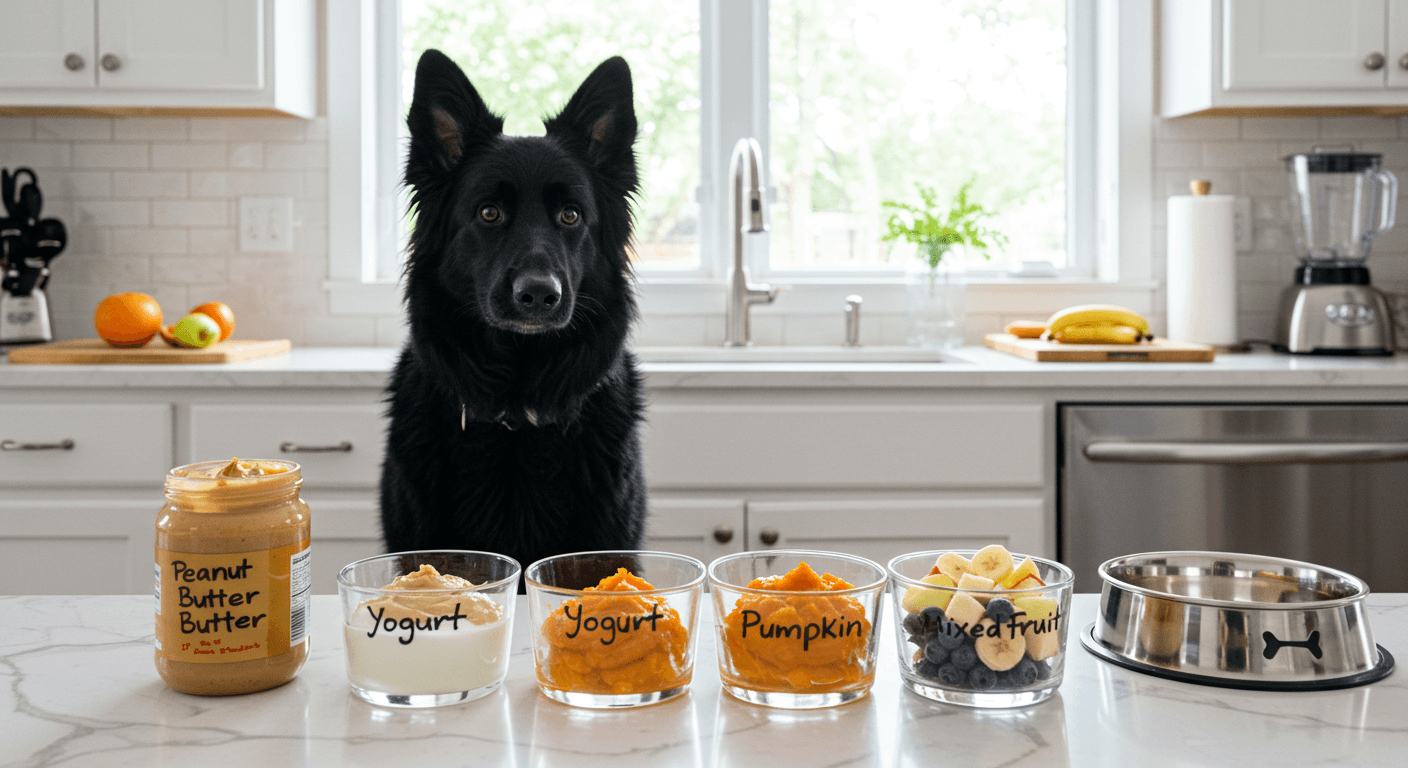 a black dog stands in front of a kitchen counter filled with bowls of food for dogs