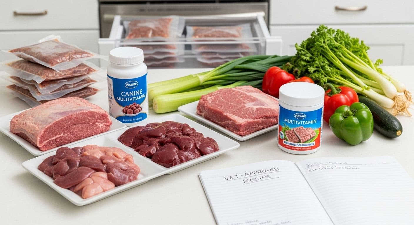 Meats, vegetables, and canine multivitamins with a vet-approved recipe notebook.