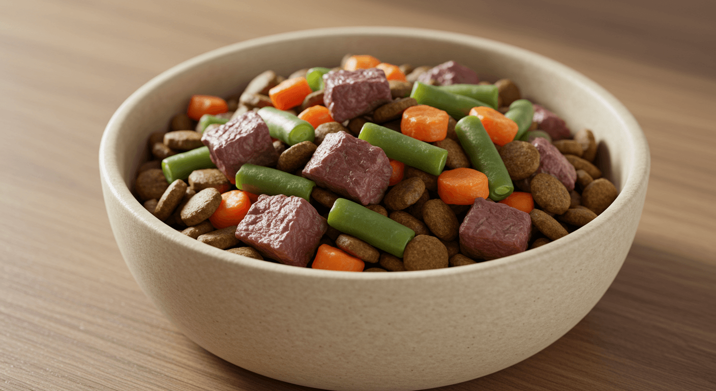 GSD health nutrition: Bowl of high-quality dog food with meat, vegetables, and kibble.