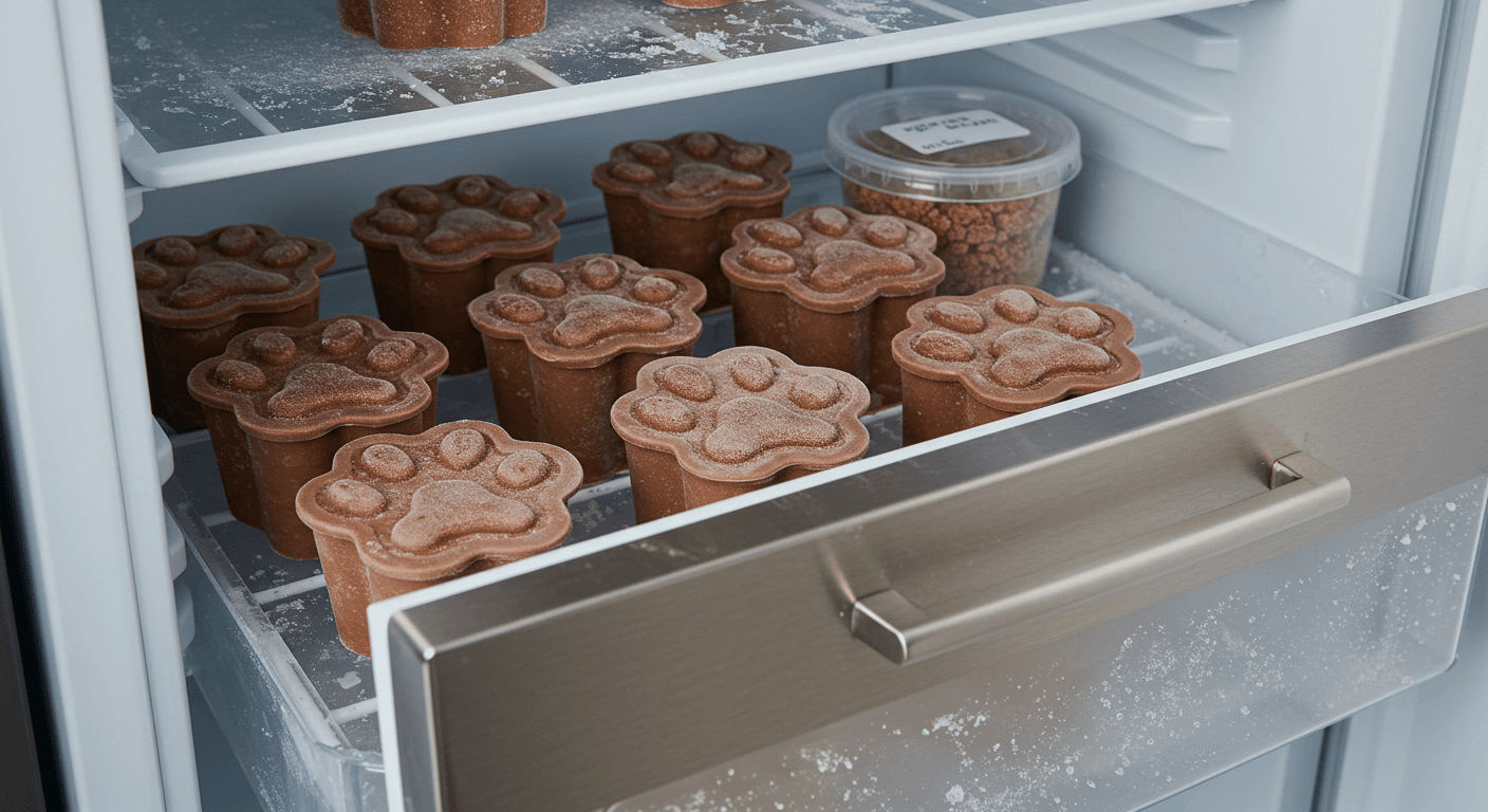 a refrigerator filled with ice cream in paw shaped cups