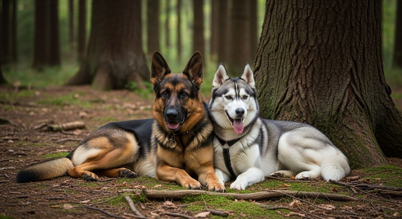 German Shepherd and Husky resting together in forest.