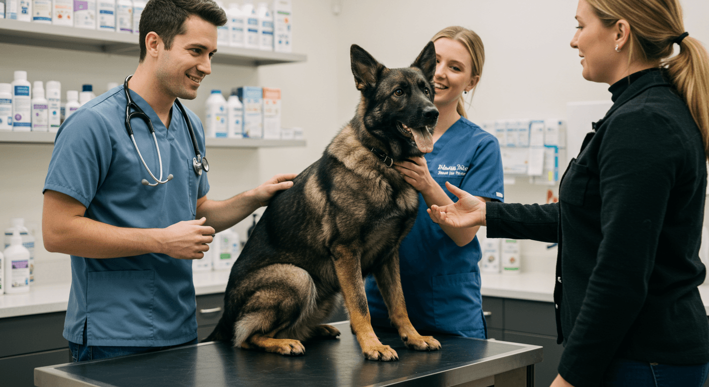 Sable German Shepherd on a vet table, petted by a smiling veterinarian.