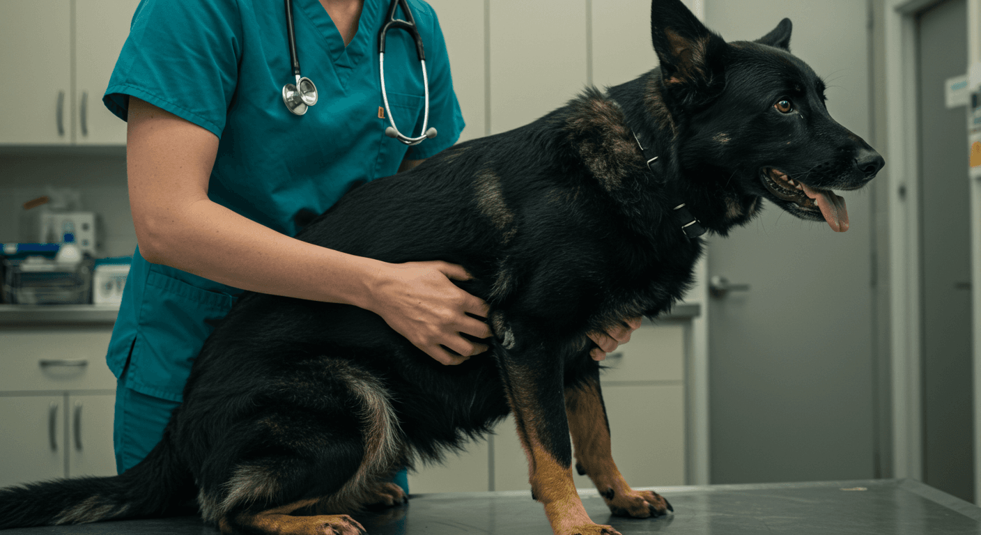 a black dog is being examined by a female veterinarian