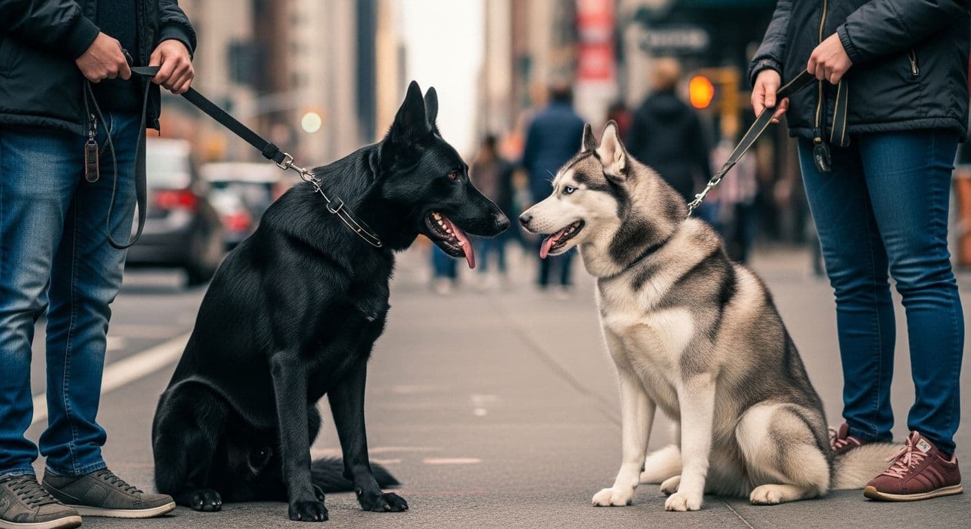 Black German Shepherd and Siberian Husky meeting on city street.