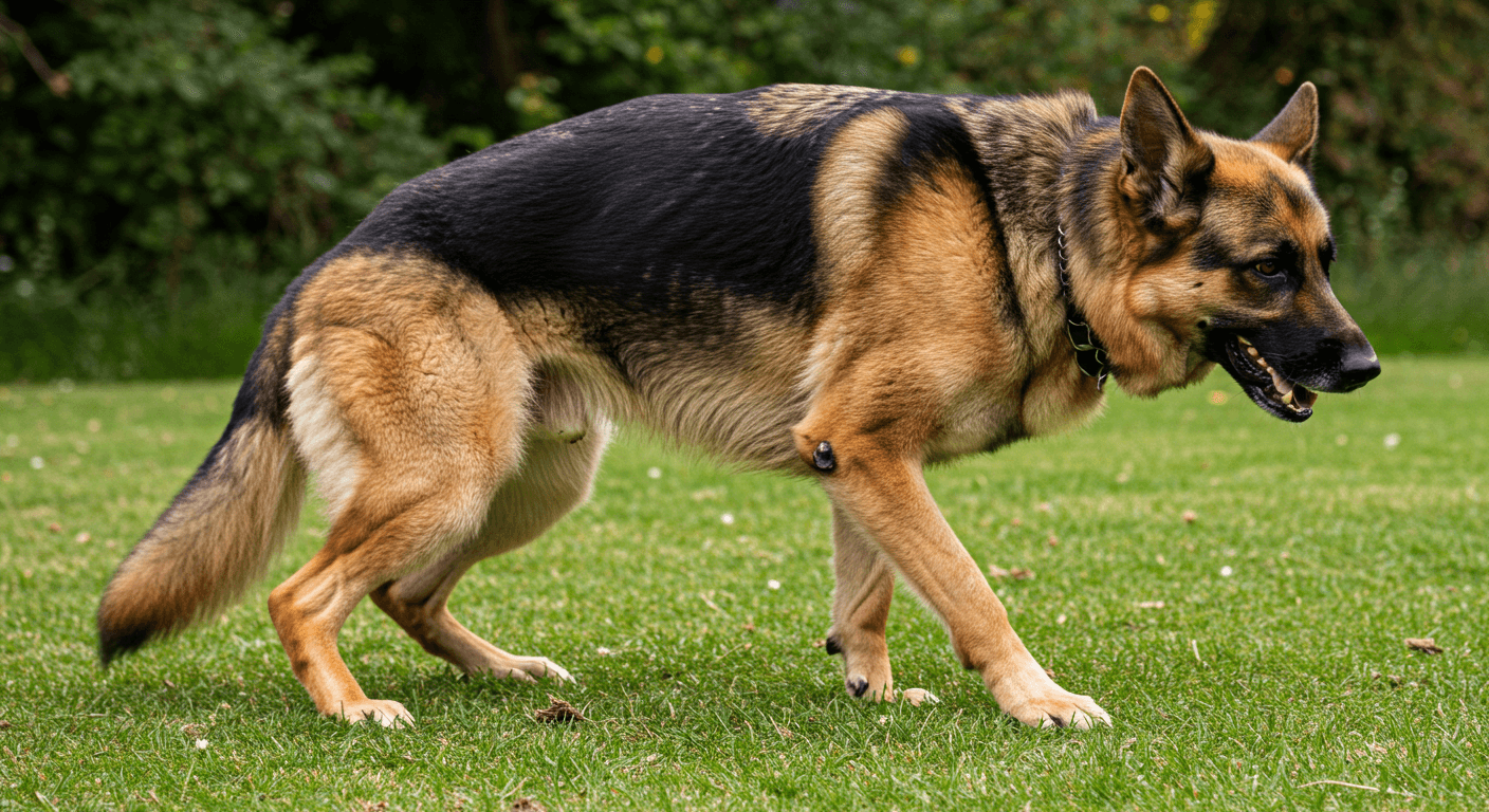 GSD health problems: German Shepherd struggling to stand due to joint pain from hip dysplasia.