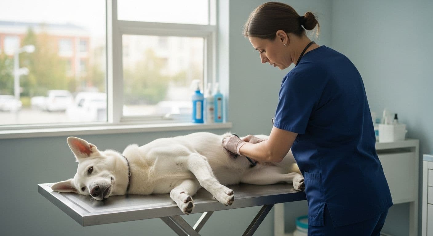 Veterinarian examining a white dog lying on a table in a clinic.