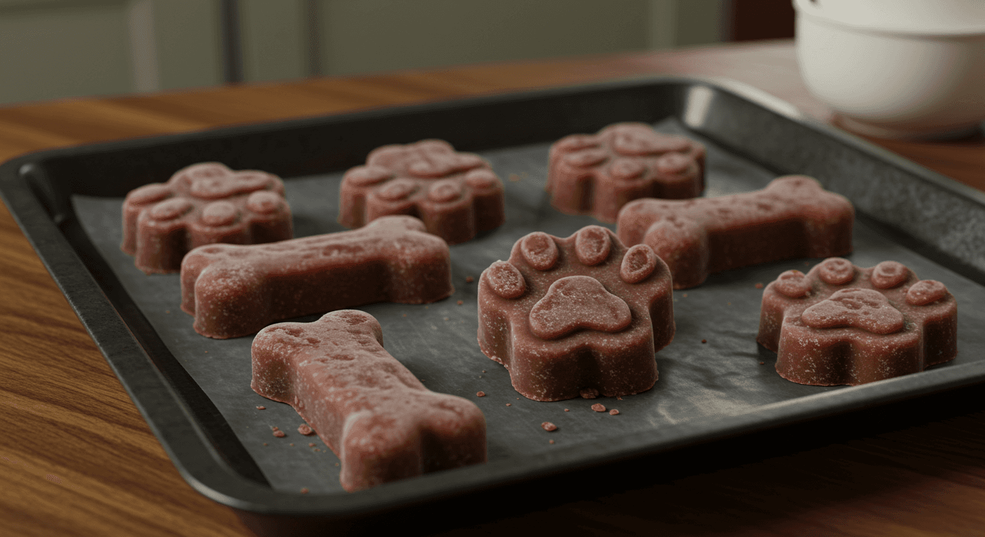 a tray of dog treats in the shape of paws and bones