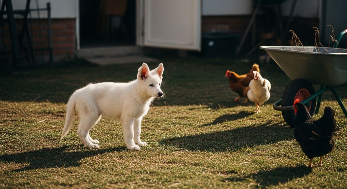 White German Shepherd puppy near chickens in a yard.