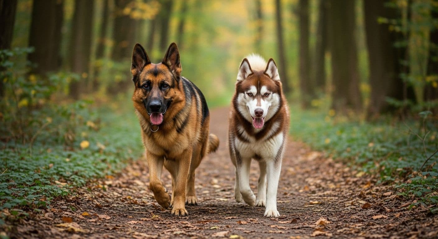 German Shepherd and Husky walking on forest trail.