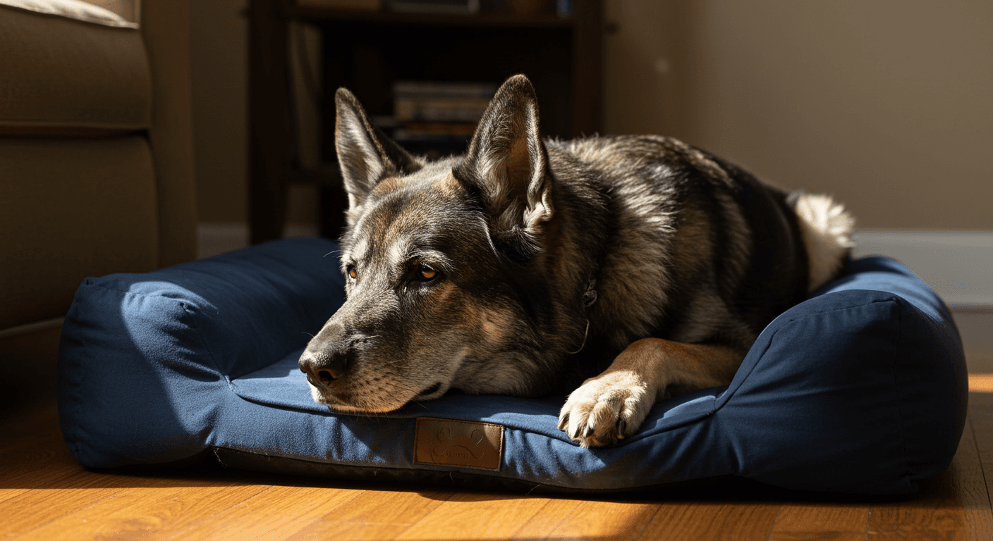 GSD health care: Senior German Shepherd resting on an orthopedic dog bed for joint support.