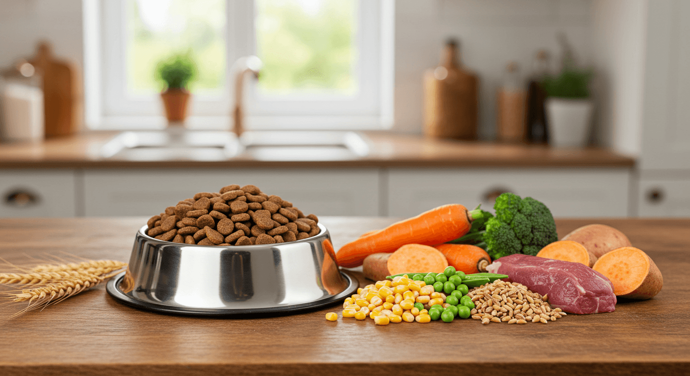 Dog food bowl with kibble, vegetables, grains, and meat on a kitchen counter.