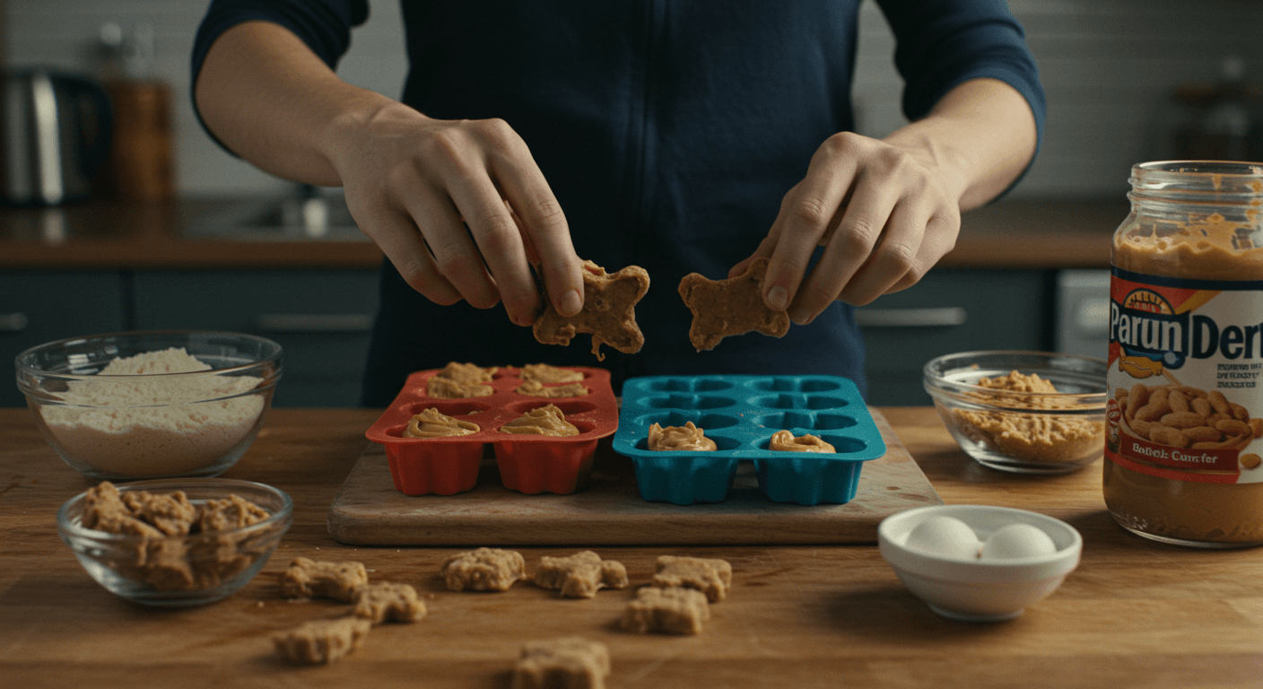a jar of peanut butter sits next to a person making dog treats
